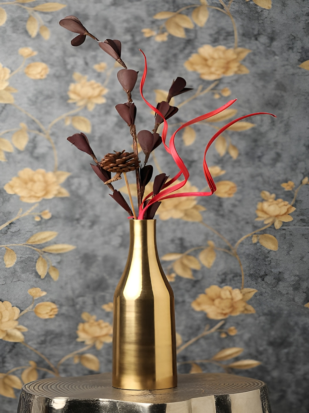Decor de Maison Gold Toned Bottle Shaped Metal Flower Vase