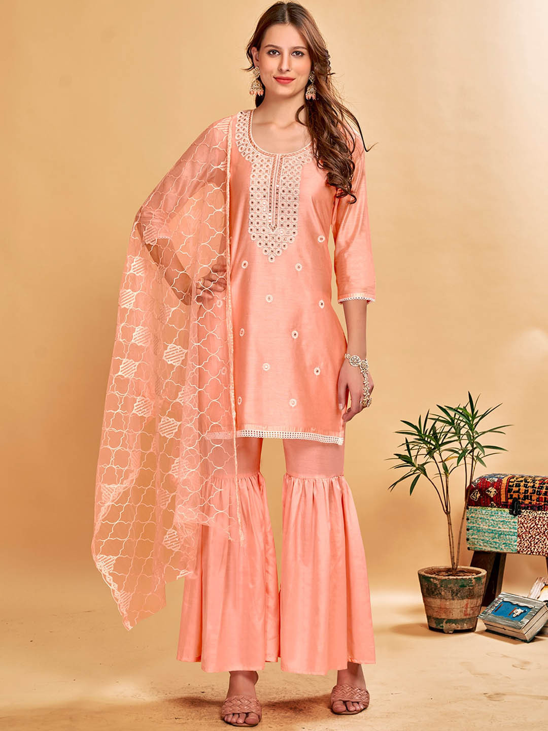 Anouk Orange Floral Embroidered Mirror Work Chanderi Cotton Kurta With Sharara & Dupatta