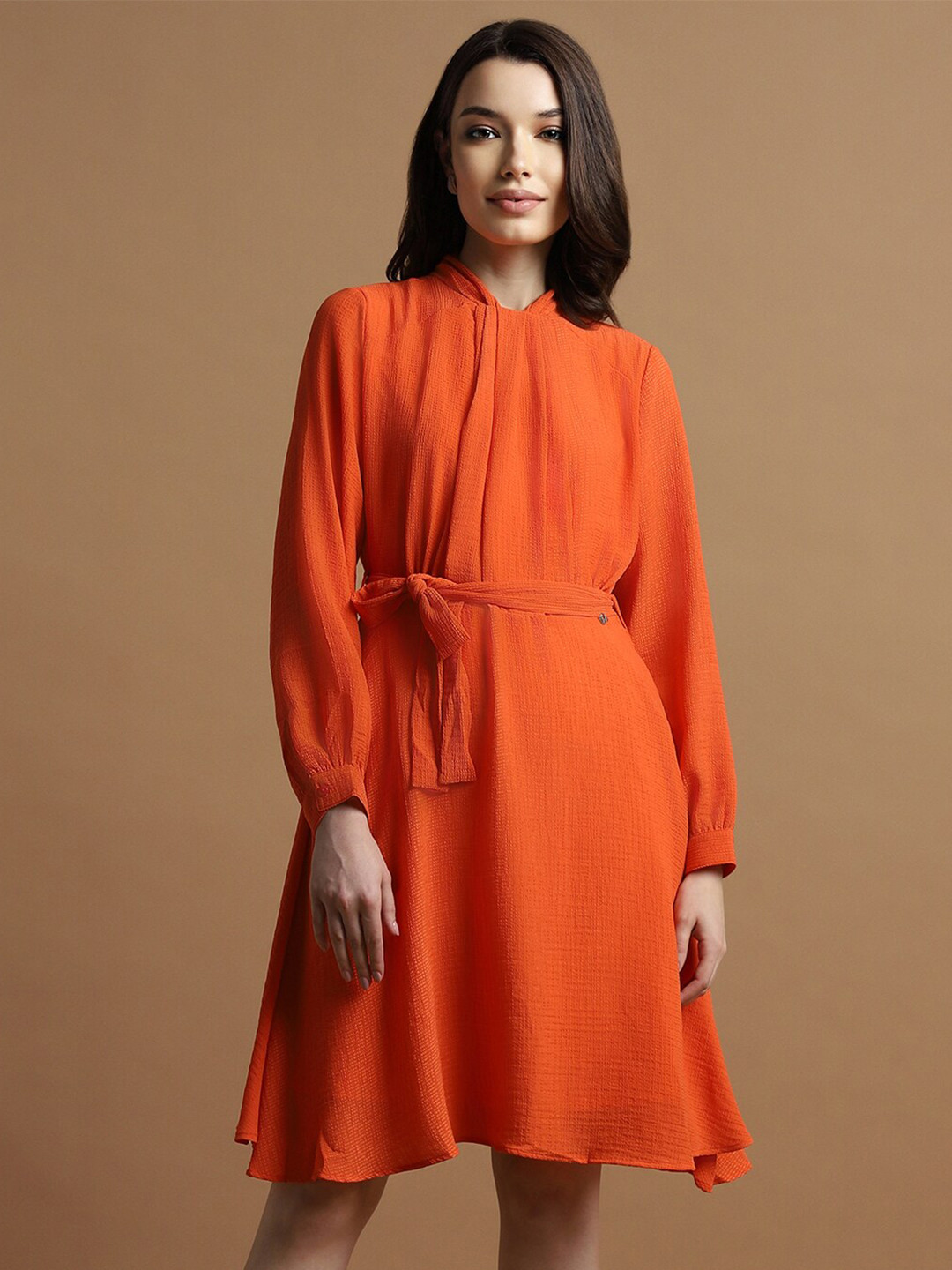 Allen Solly Woman Self Design High Neck Cuffed Sleeves Tie-Ups Detail A-Line Dress