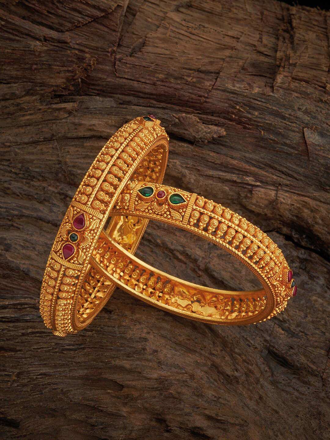 Kushal's Fashion Jewellery Set Of 2 92.5 Pure Silver Temple Stones Studded Bangles