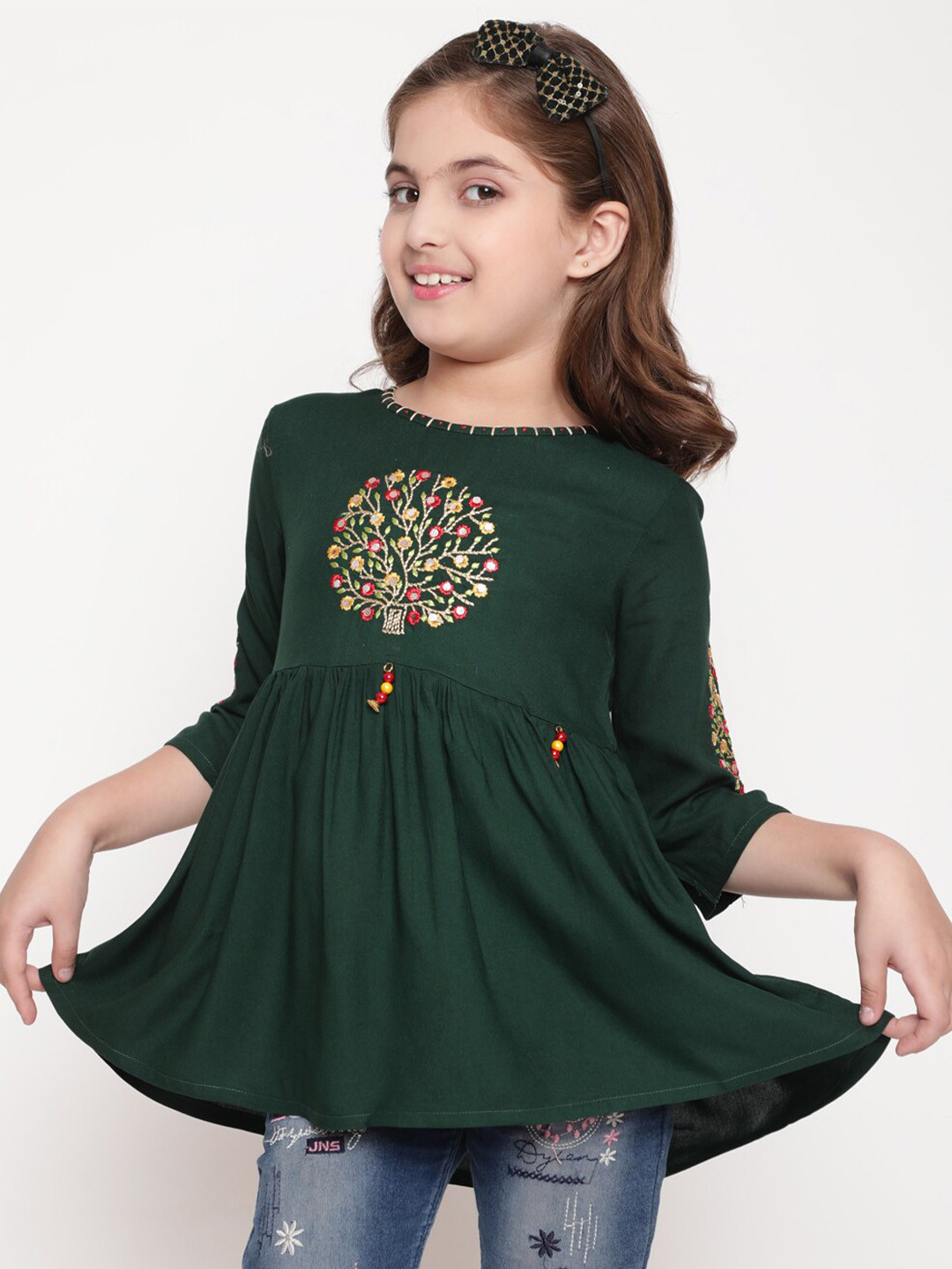 BAESD Girls Floral Embroidered Thread Work A-Line Kurti