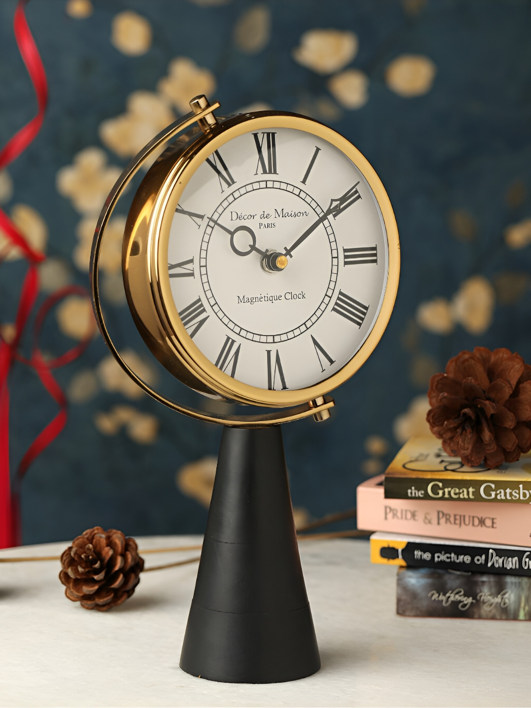 Decor de Maison Gold Toned & Black Wooden Pedestal Table Clock