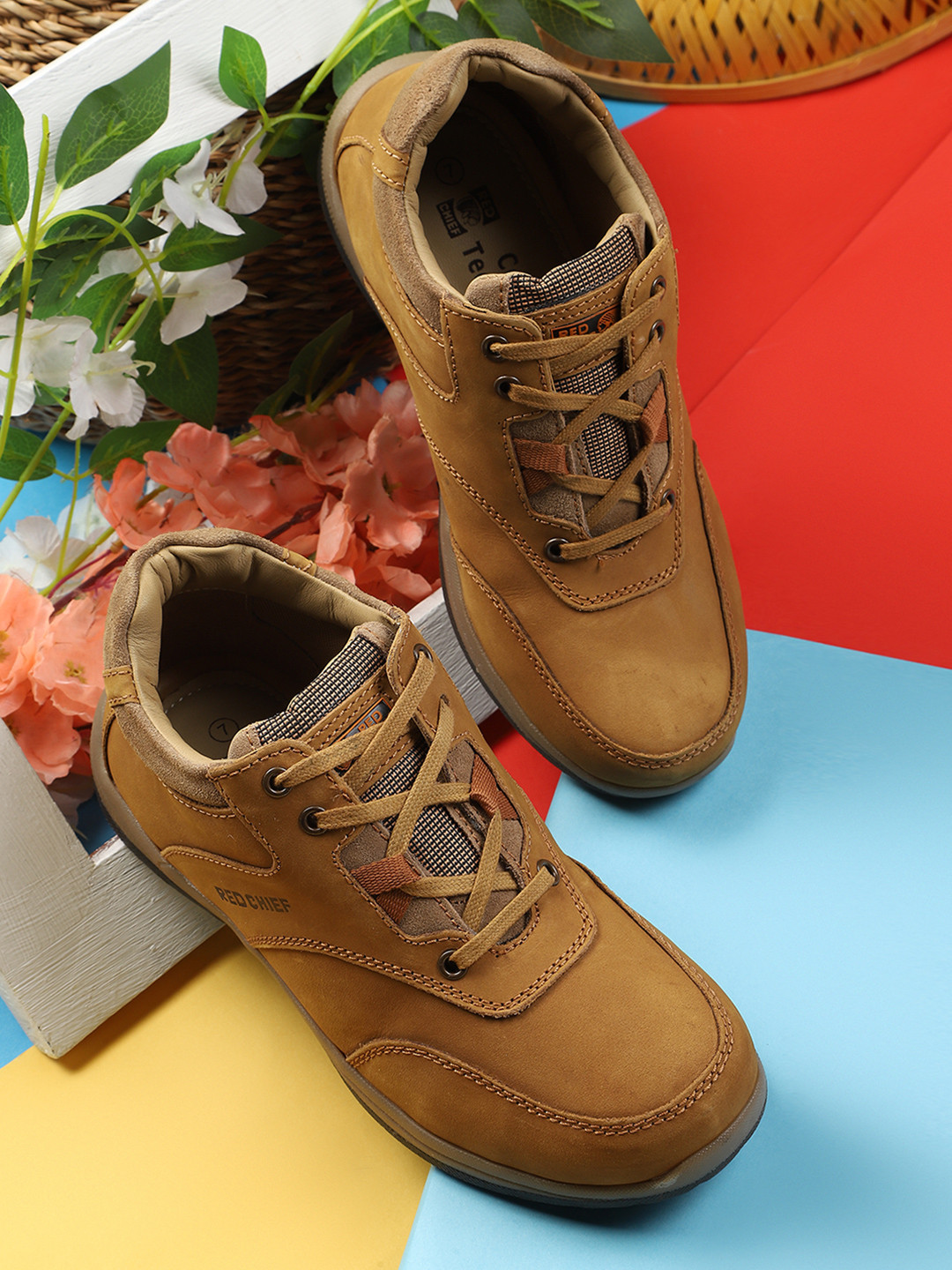 Red Chief Men Brown Solid Leather Mid-Top Flat Boots