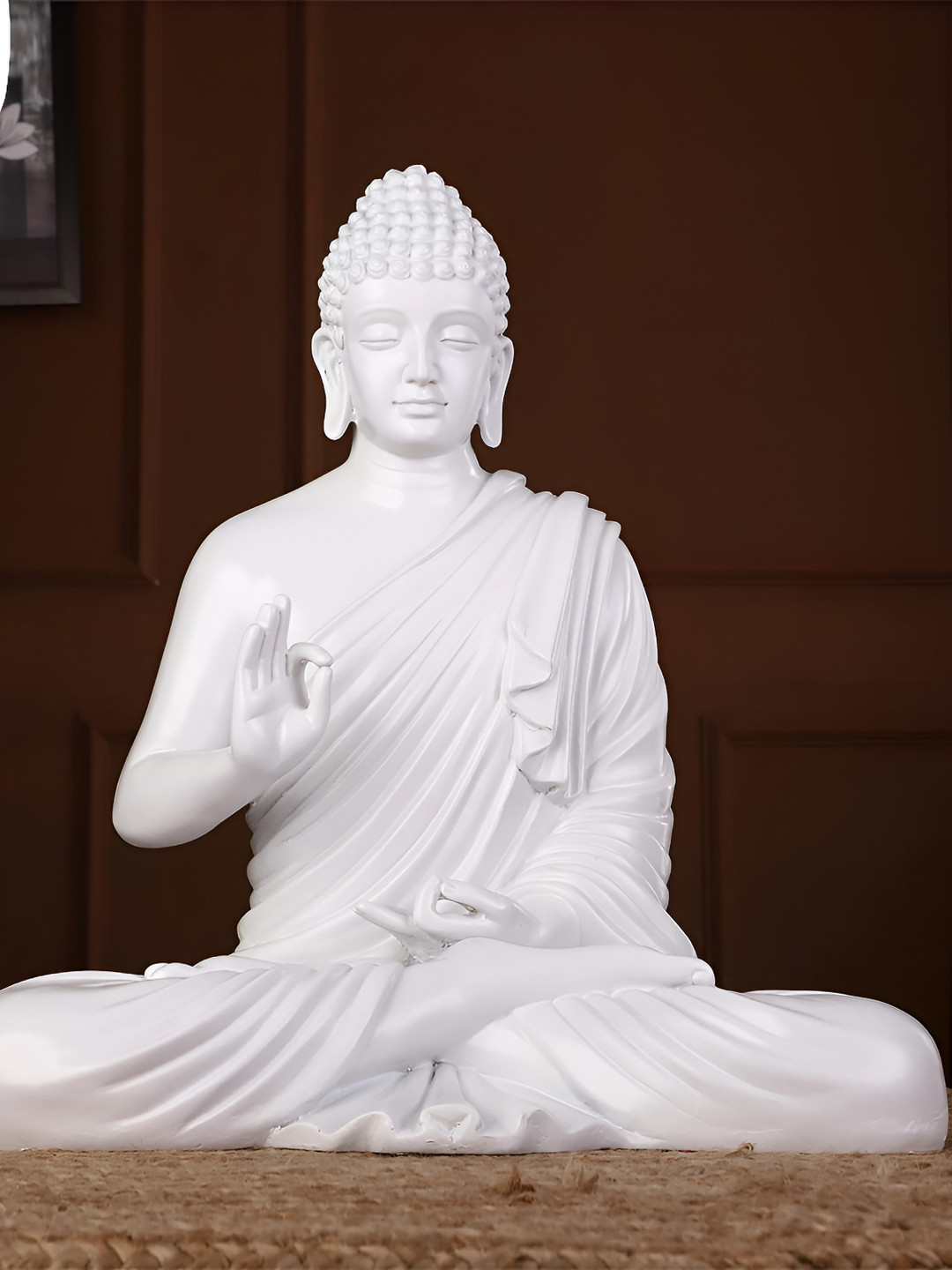 GW CREATIONS Lord Gautam Meditating Buddha White Marble Glossy Living Room Large Showpiece - 15 Inches