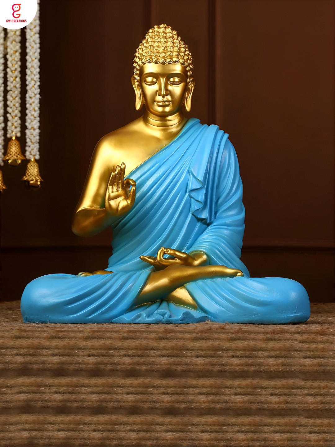 GW CREATIONS Lord Gautam Meditating Buddha Gold Marble Glossy Home Office Large Showpiece - 13.8 Inches