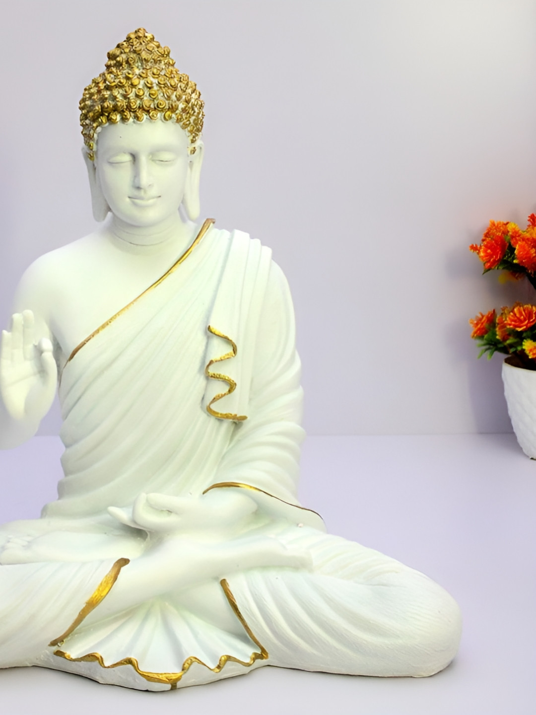 GW CREATIONS Lord Gautam Meditating Buddha Gold Marble Matte Garden Large Showpiece - 15 Inches