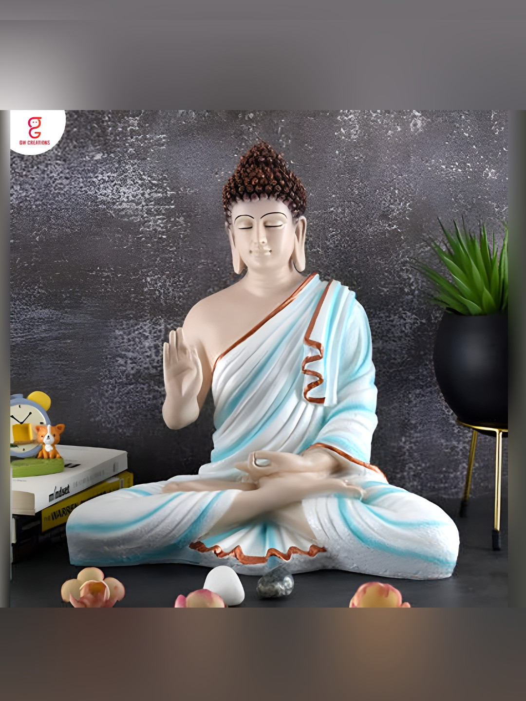 GW CREATIONS Lord Gautam Meditating Buddha White Marble Glossy Living Room Large Showpiece - 15 Inches
