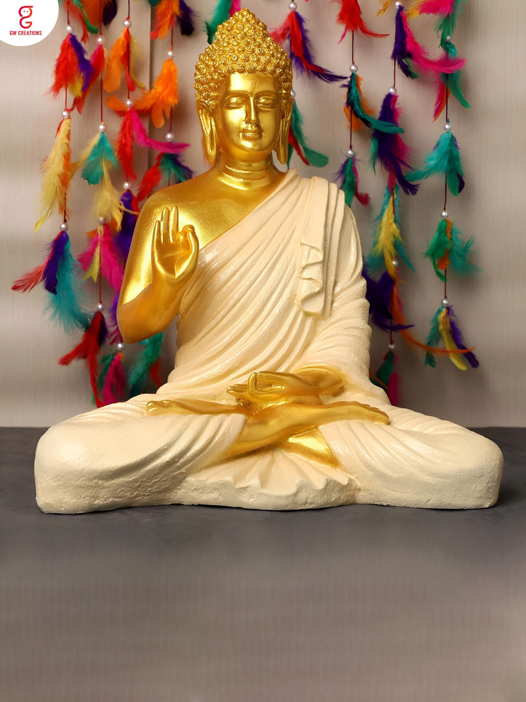 GW CREATIONS Lord Gautam Meditating Buddha Peach Marble Glossy Living Room Large Showpiece - 7.5 Inches