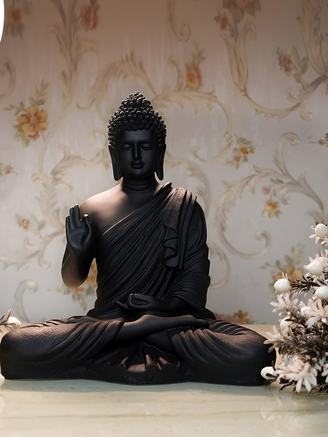 GW CREATIONS Lord Gautam Meditating Buddha Black Marble Glossy Living Room Large Showpiece -