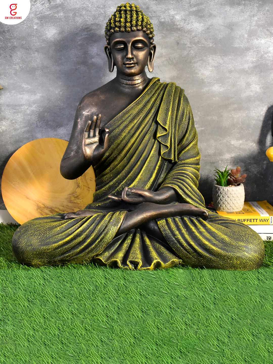 GW CREATIONS Lord Gautam Meditating Buddha Green Marble Glossy Home Office Large Showpiece -