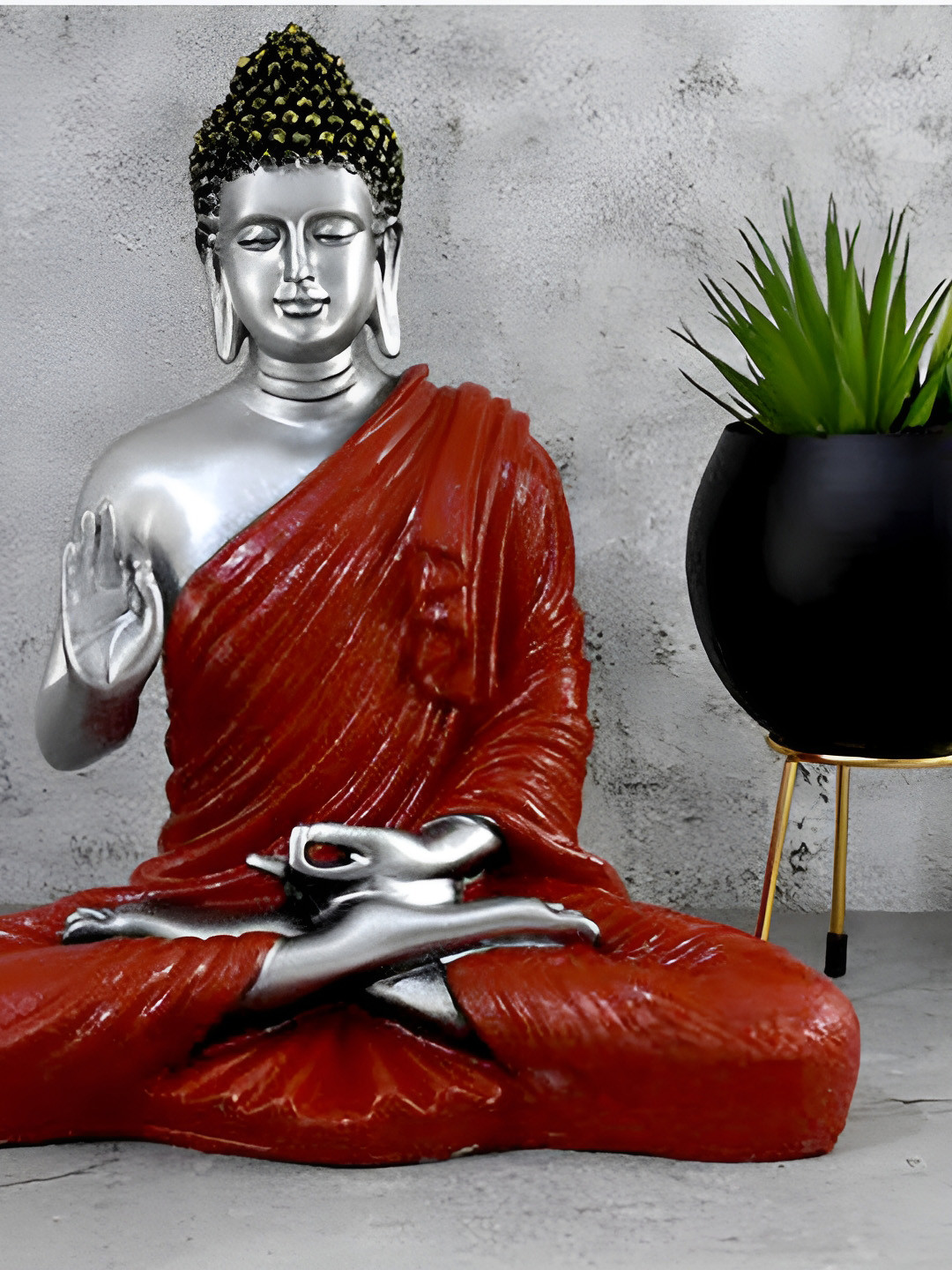 GW CREATIONS Lord Gautam Meditating Buddha Silver Marble Glossy Home Office Large Showpiece - 15 Inches