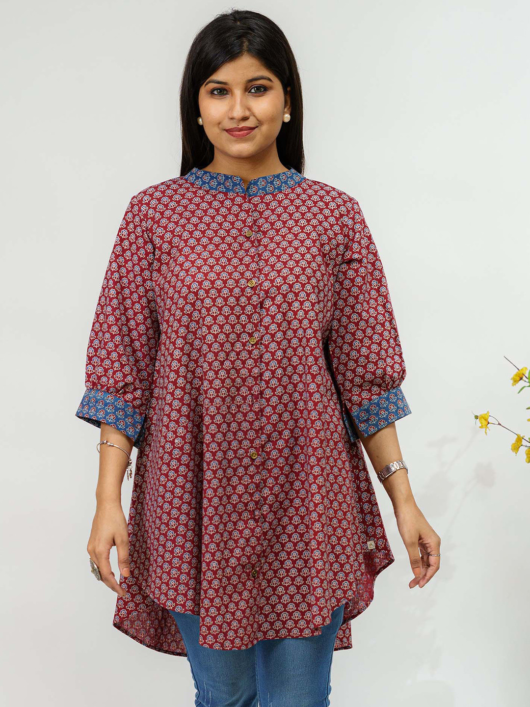 TSUCCHI TRADITIONS Ethnic Motifs Cotton A Line Merlot with Hues of Azure Ajrakh Kurti