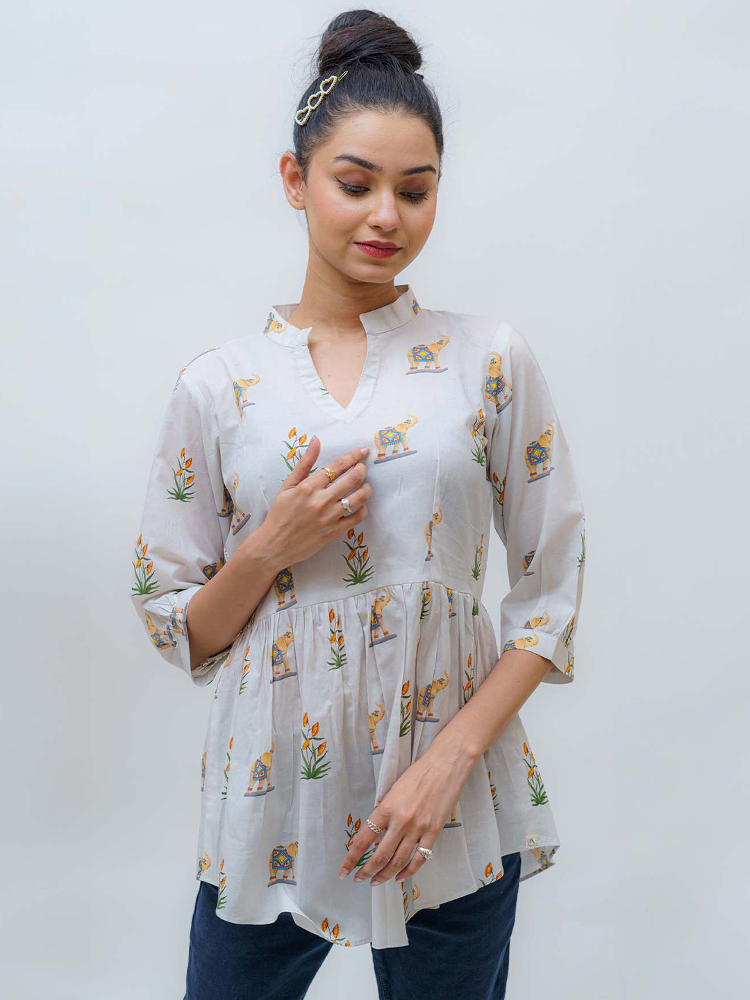 TSUCCHI TRADITIONS Printed Pure Cotton Ivory Tusker Regal Heritage Pichwai Kurti