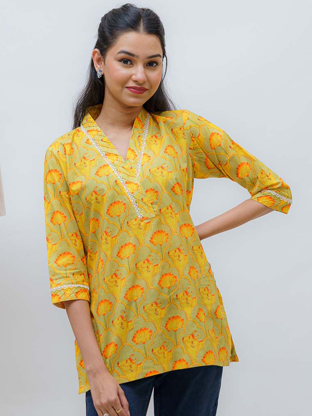 TSUCCHI TRADITIONS Printed Pure Cotton Blessed Kamdhenu Pichwai Short A Line Kurti