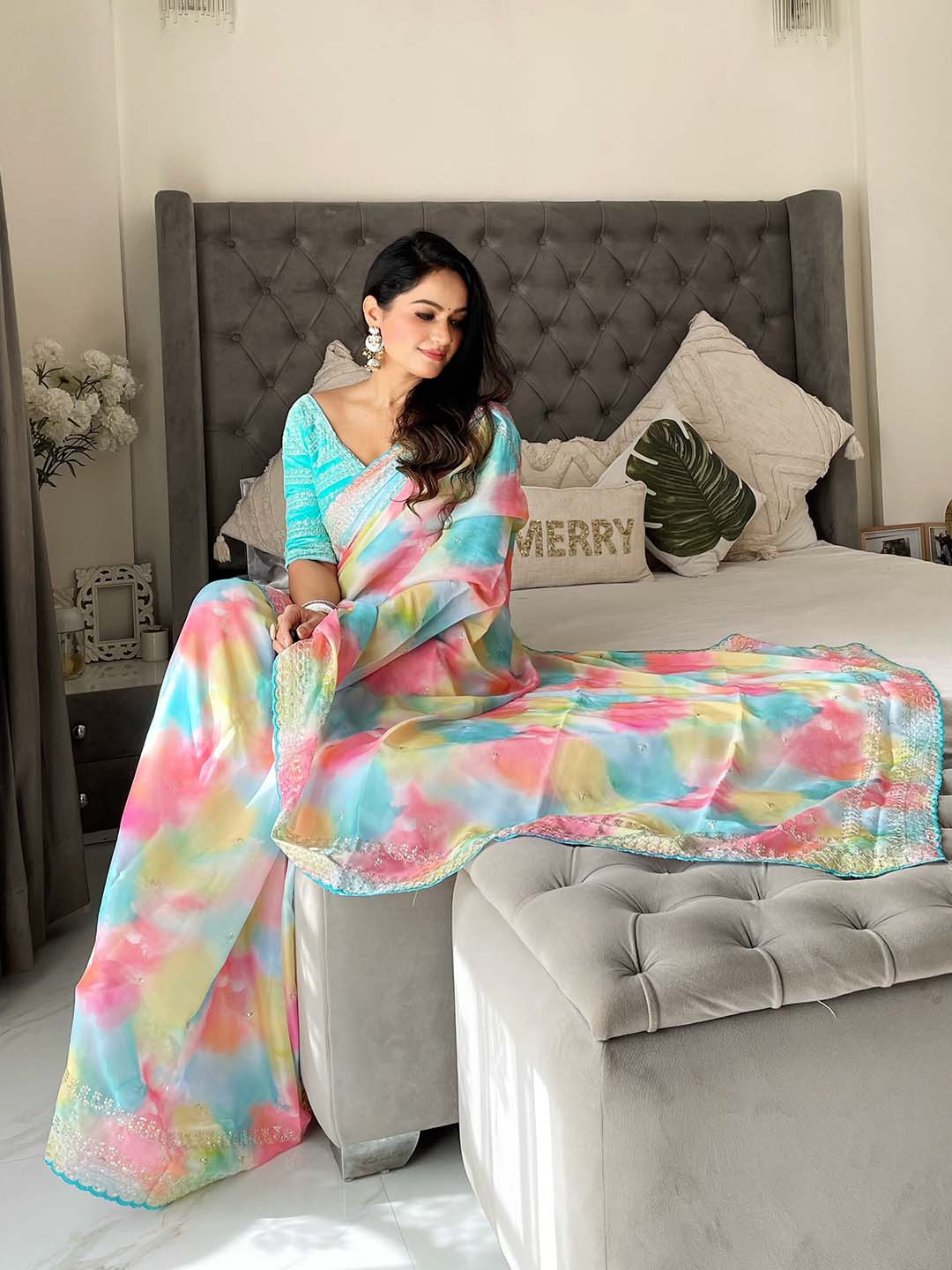 Anouk Pink & Blue Abstract Printed With Embroidered Border Holi Saree