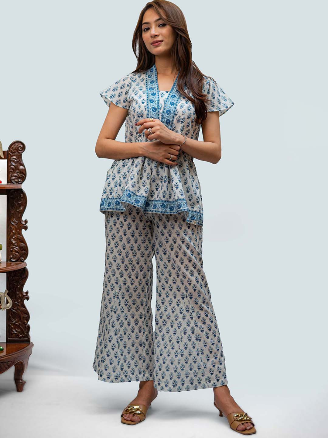 TSUCCHI TRADITIONS Printed Aqua-Cool Indian Kalidar Co-ord Set
