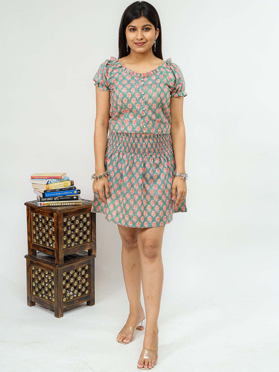 TSUCCHI TRADITIONS Printed Pure Cotton Jade & Coral Hand Block Skirt Set