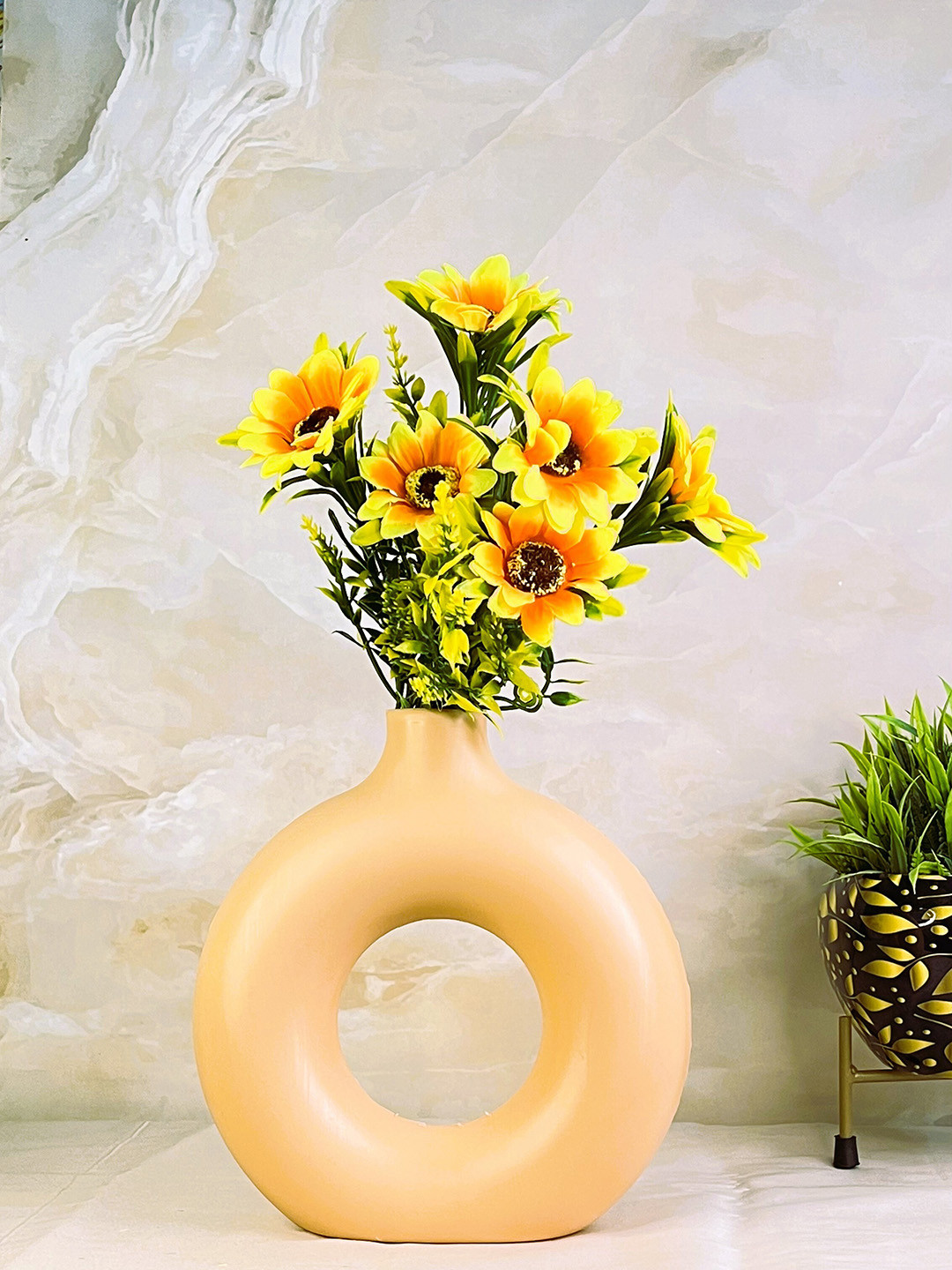 Akaar Decor Orange & Yellow Sunflower Bunch Artificial Flower with Donut Pot