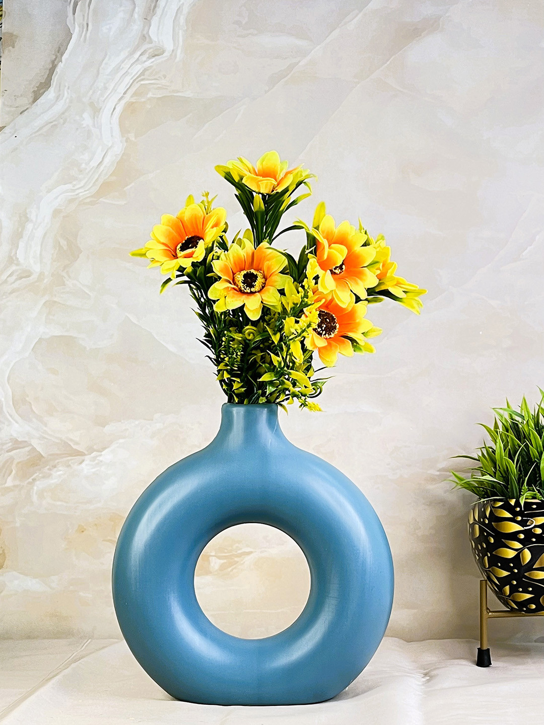 Akaar Decor Blue & Yellow Sunflower Bunch Artificial Flower with Donut Pot