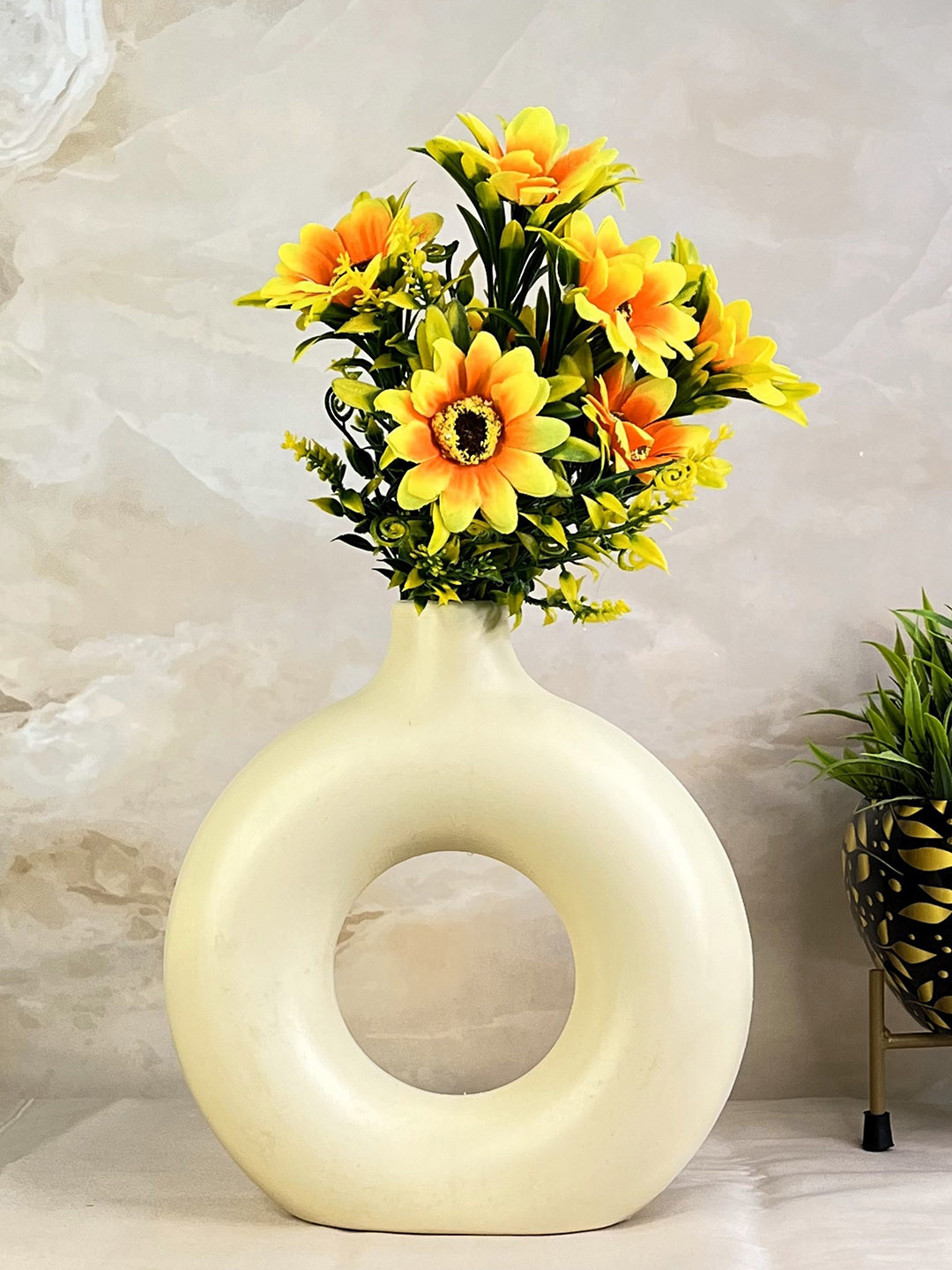 Akaar Decor Cream & Yellow Sunflower Bunch Artificial Flower with Donut Pot