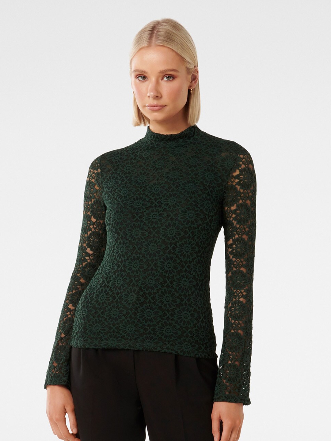 High Neck Long Sleeve Lace Crop Top - Turning Point - 0814545933