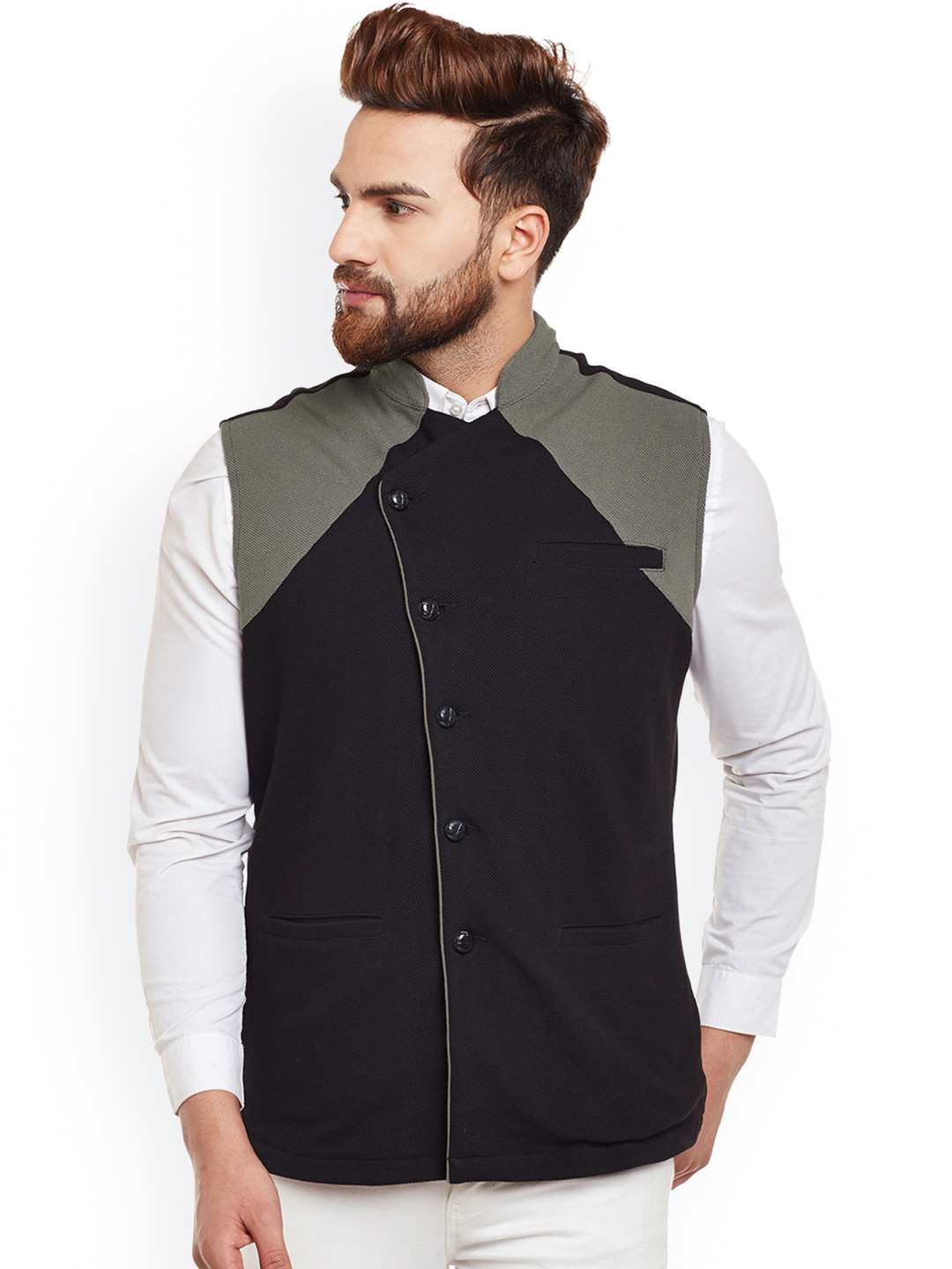 Hypernation Men Black & Grey Single-Breasted Pure Cotton Waistcoat