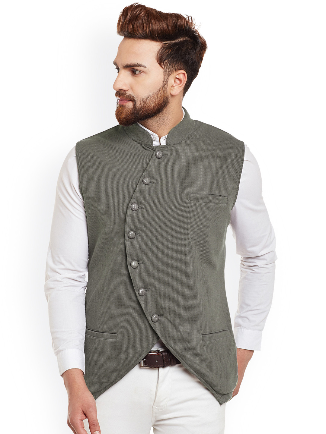 Hypernation Men Grey Single-Breasted Pure Cotton Waistcoat