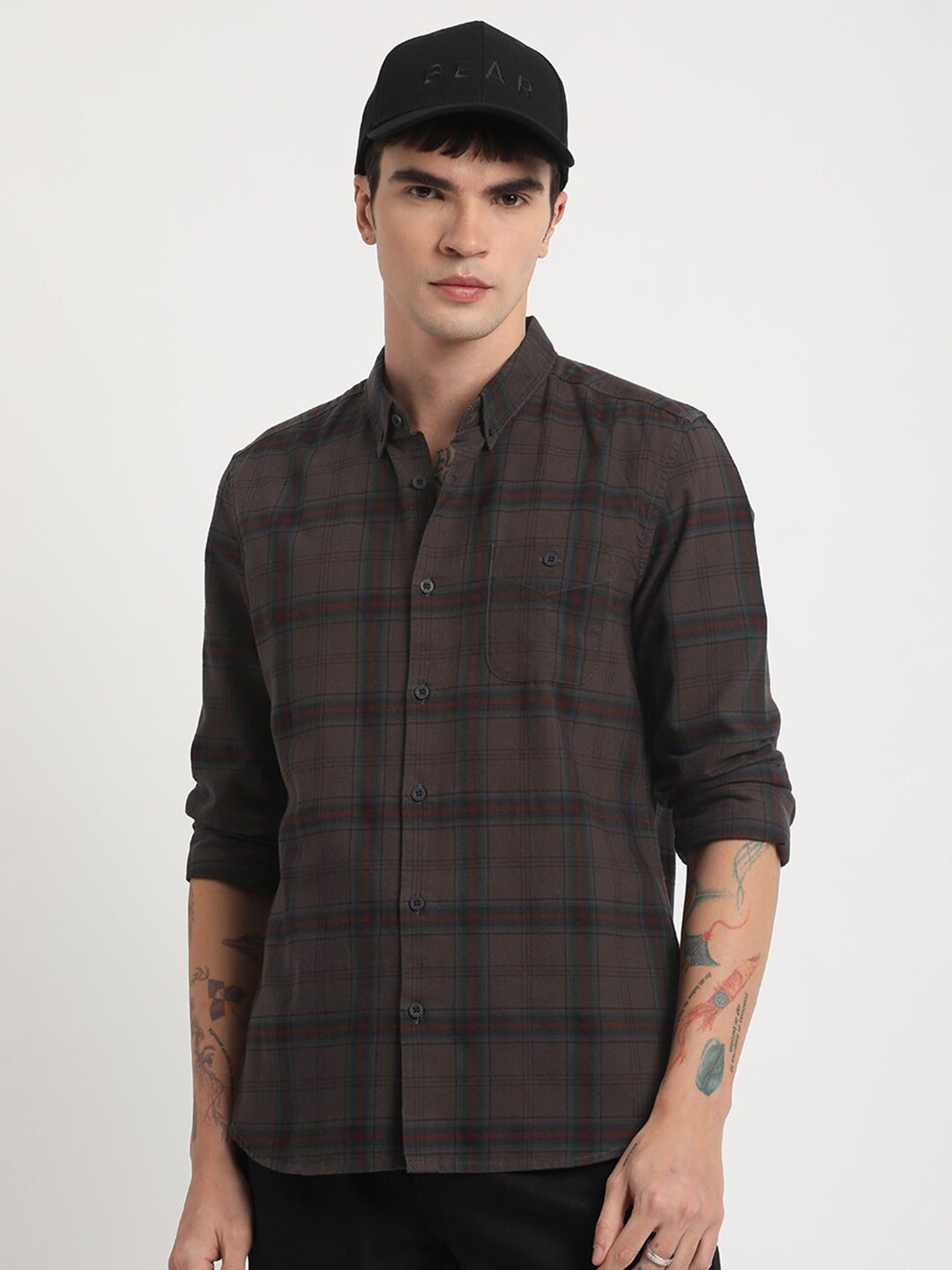 THE BEAR HOUSE Tartan Checks Slim Fit Pure Cotton Casual Shirt