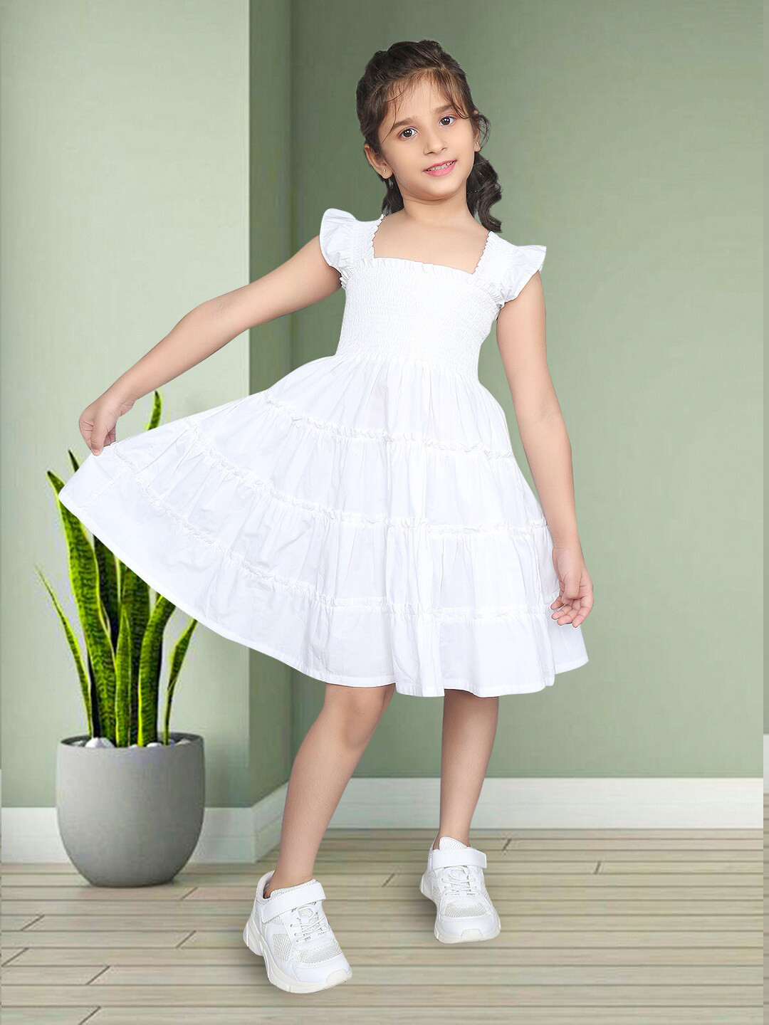 ZIP ZAP ZOOP Girls Square Neck Flutter Sleeves Smocked Tiered Cotton Fit & Flare Dress