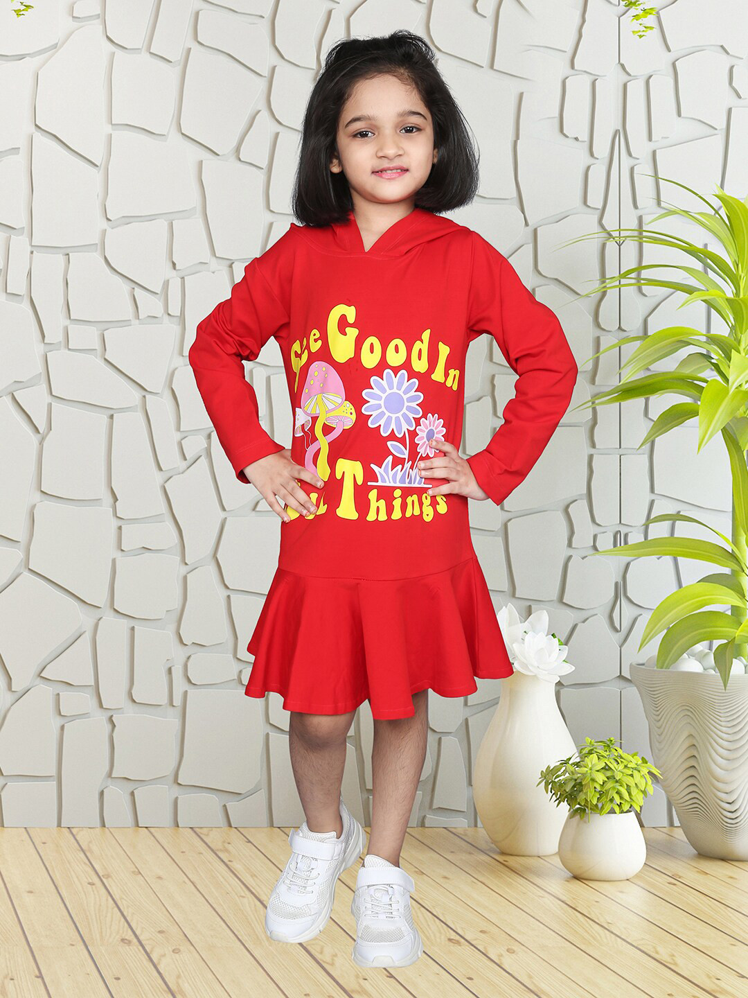 ZIP ZAP ZOOP Girls Graphic Printed Hooded Cotton Drop-Waist Dress