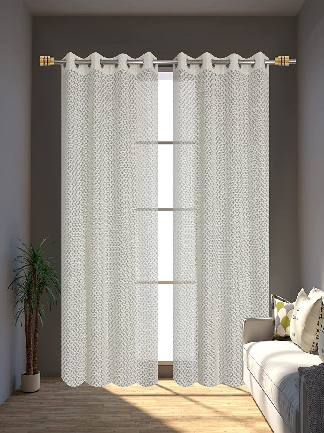 Aura Cream 2 Pieces Self Design Sheer Door Curtains