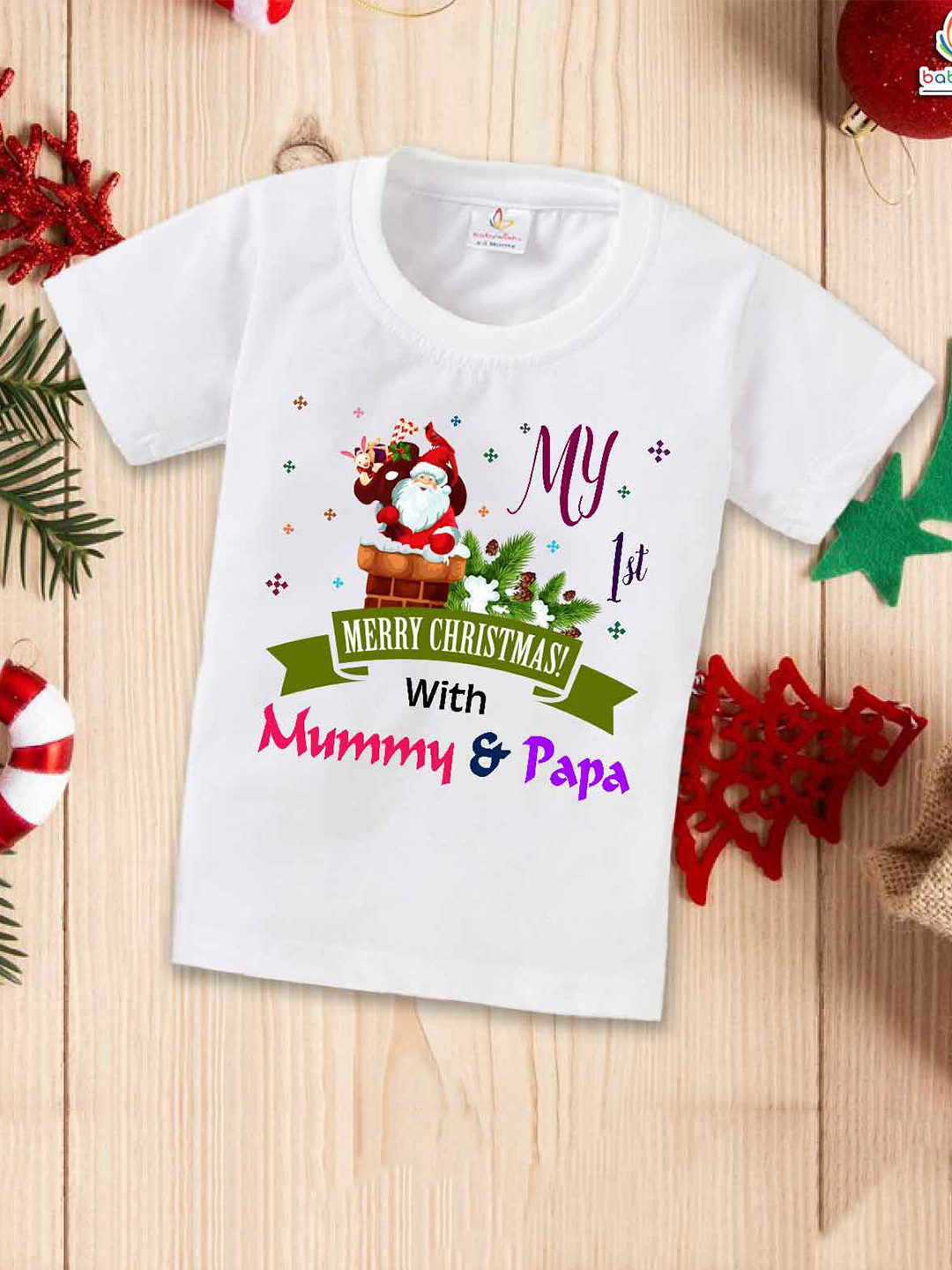 Babywish Kids Relaxed Fit My 1st Christmas With Mummy & Papa Printed Cotton T-shirt