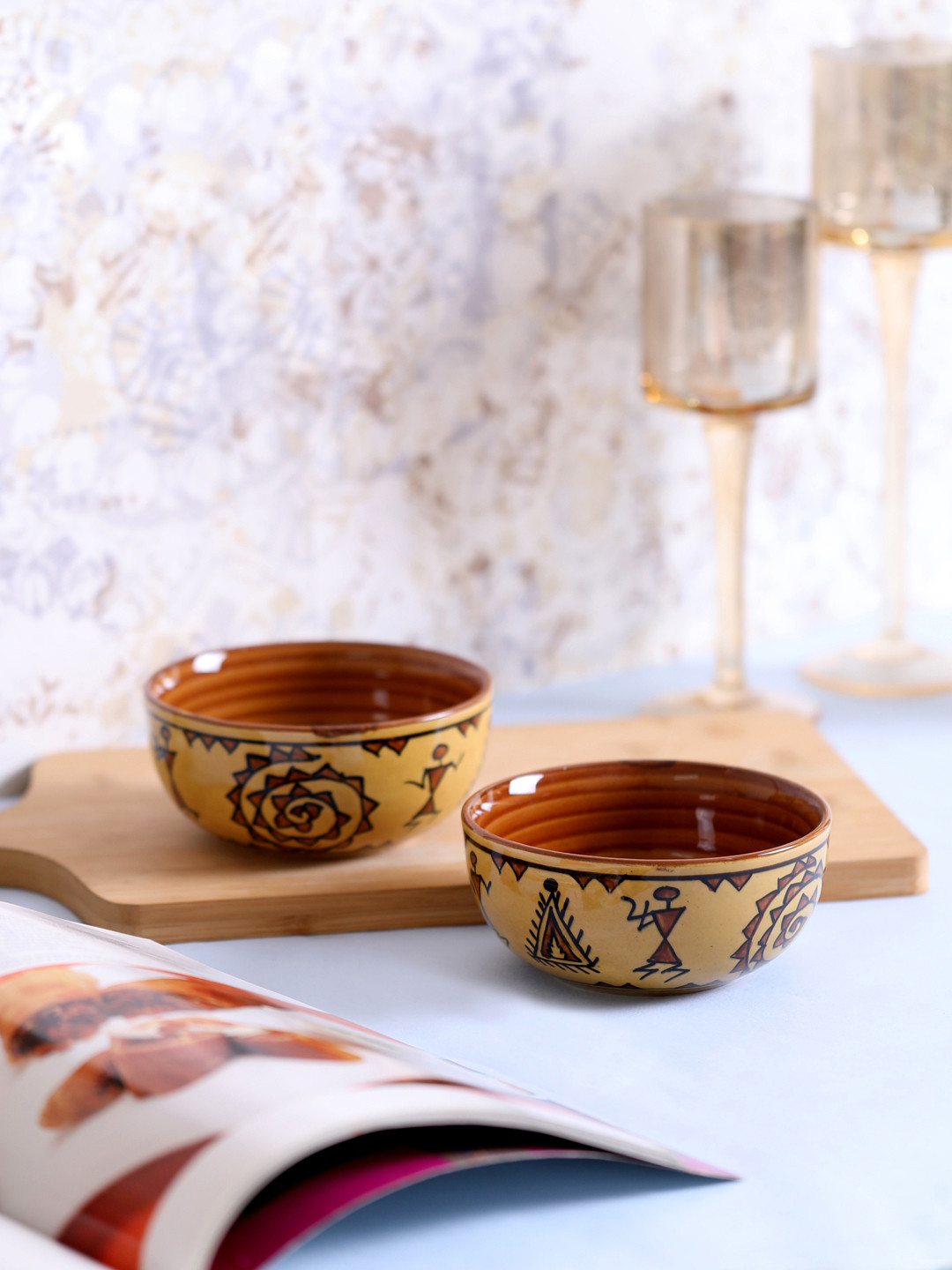 VarEesha Camel Brown Set of 2 Ceramic Warli Small Bowls