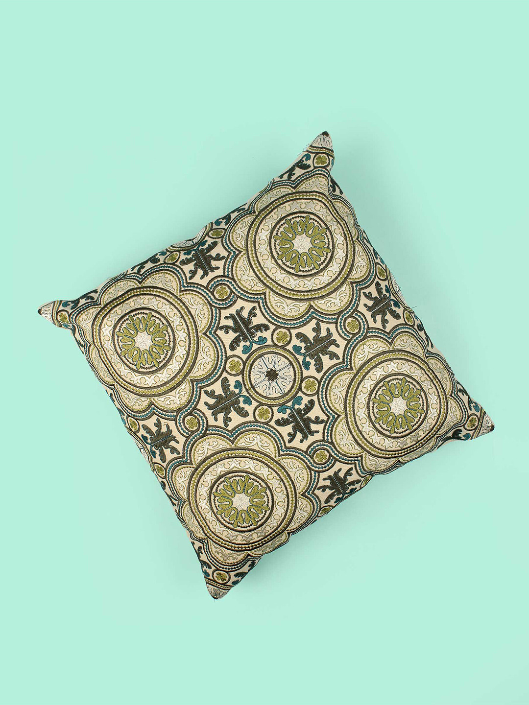 SANSKRUTIHOMES Green Embroidered Cotton Lightweight Square Cushion Covers - 15.7 x 15.7 In
