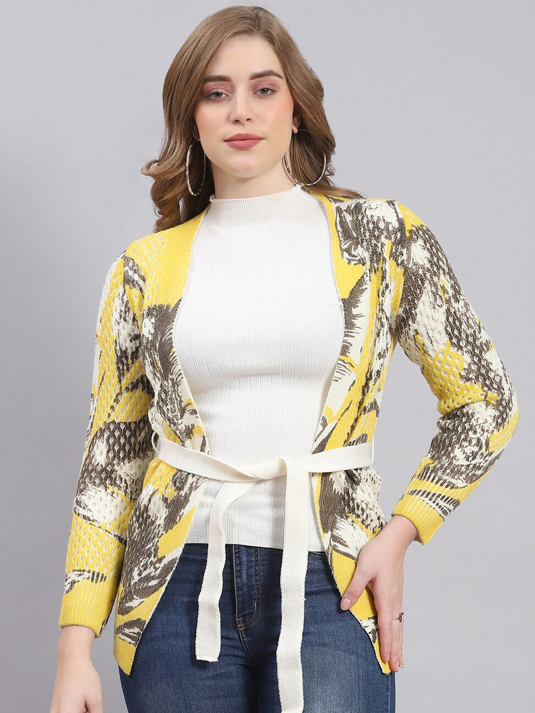 Monte Carlo Abstract Printed Woolen Front-Open Sweater