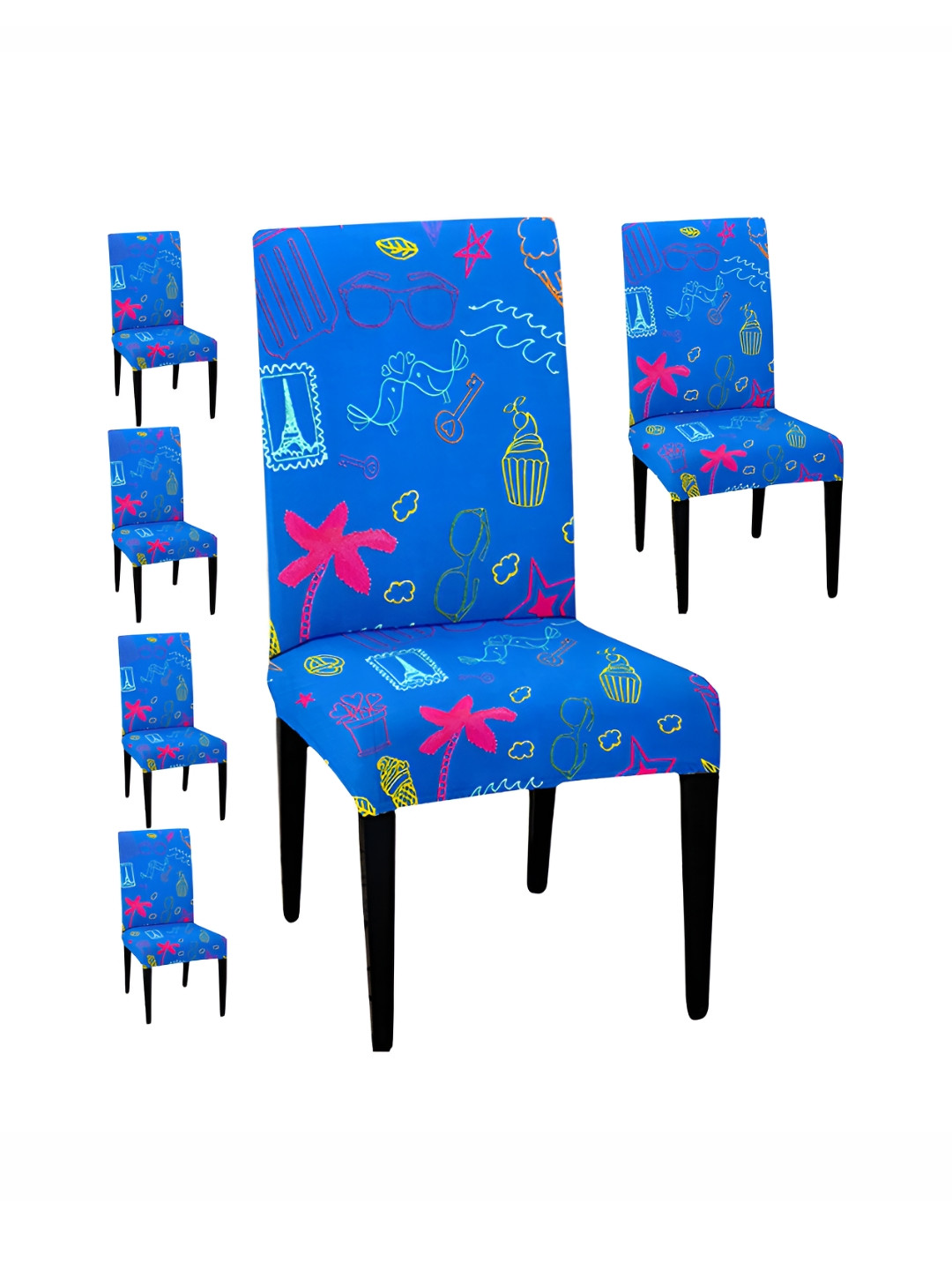 Lazi 200 GSM 6 Pieces Blue Printed Stretchable Dining Chair Covers
