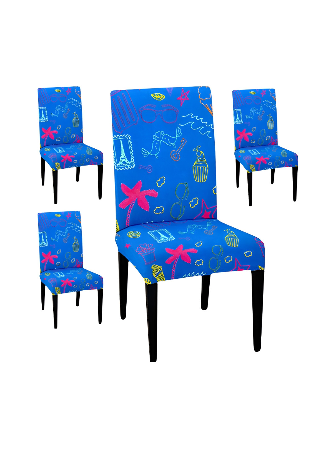 Lazi 200 GSM 4 Pieces Blue Printed Stretchable Dining Chair Covers