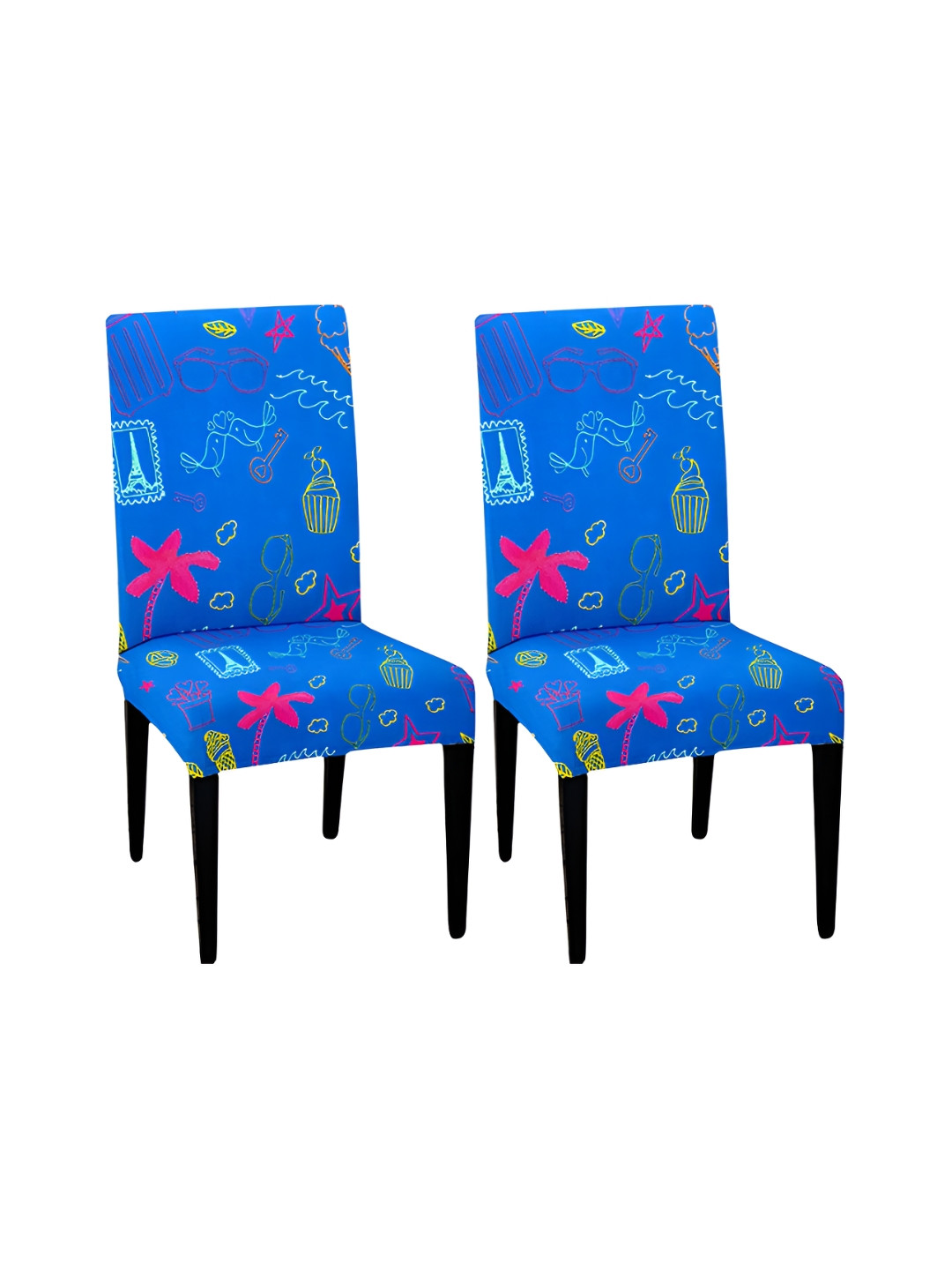 Lazi 200 GSM 2 Pieces Blue & Pink Cupcake Printed Stretchable Dining Chair Covers