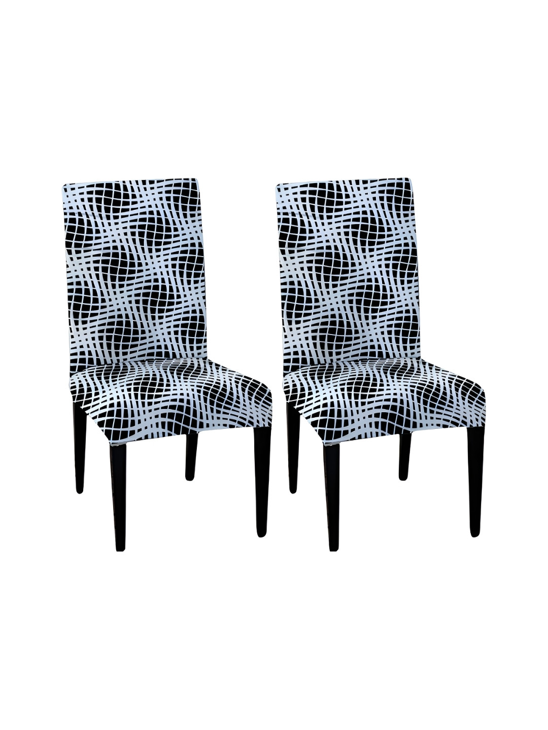 Lazi 200 GSM 2 Pieces White & Black Graphic Printed Stretchable Dining Chair Covers