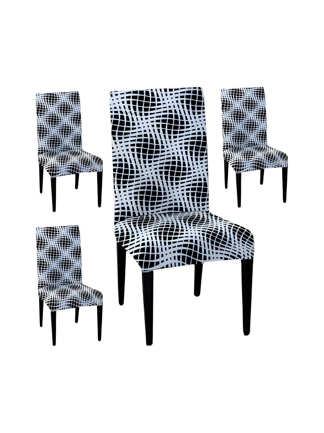 Lazi 200 GSM 4 Pieces White & Black Graphic Printed Stretchable Dining Chair Covers