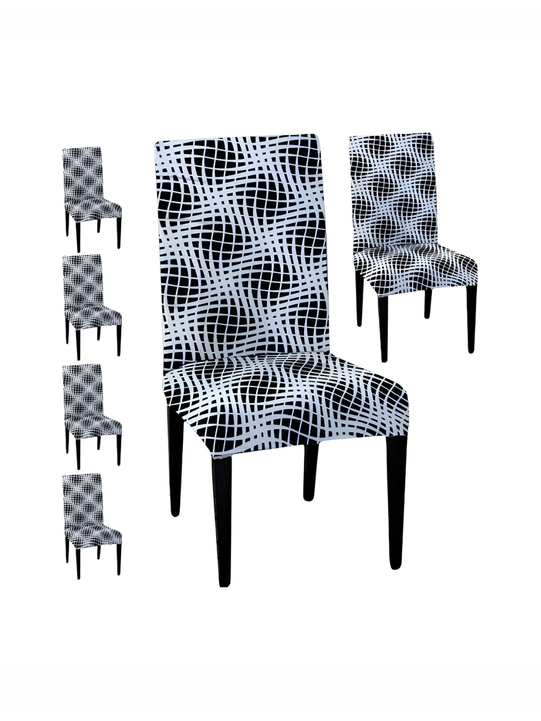 Lazi 200 GSM 6 Pieces White & Black Graphic Printed Stretchable Dining Chair Covers