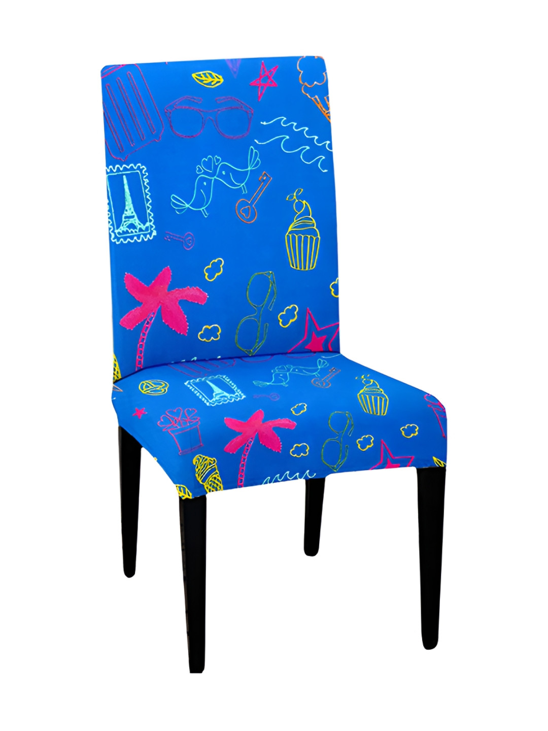 Lazi 200 GSM 1 Piece Blue & Pink Cupcake Printed Stretchable Dining Chair Cover