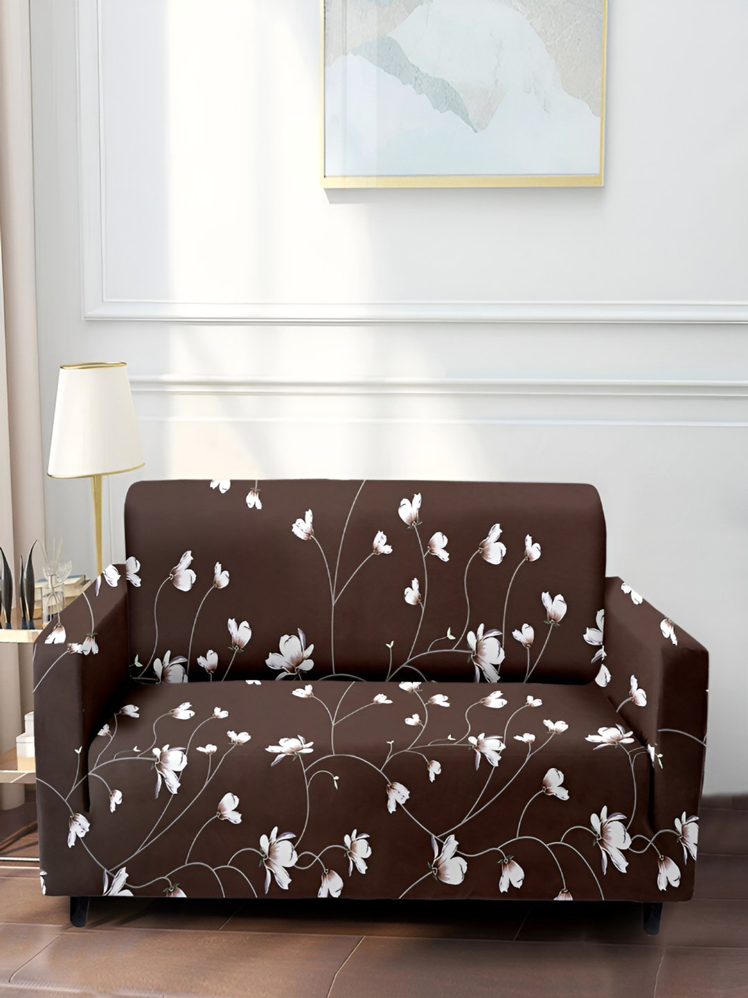 Stuff N' Fluff Brown & White Floral Printed 2 Seater Sofa Cover With Arms