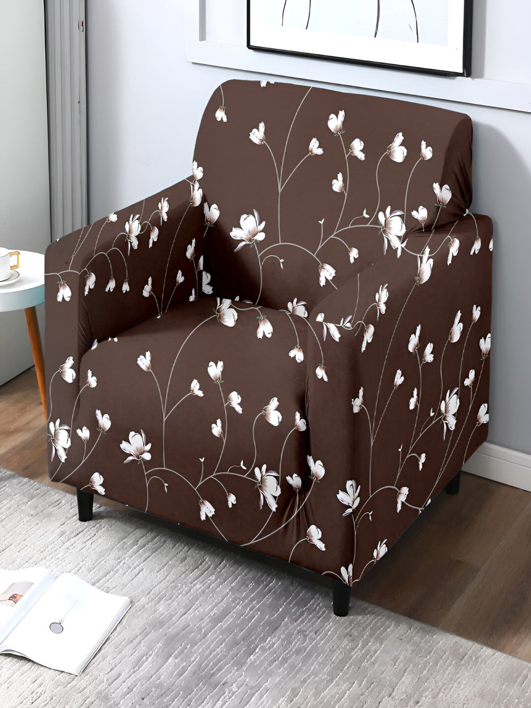 Stuff N' Fluff Brown & White  Floral Printed 1 Seater Sofa Cover With Arms