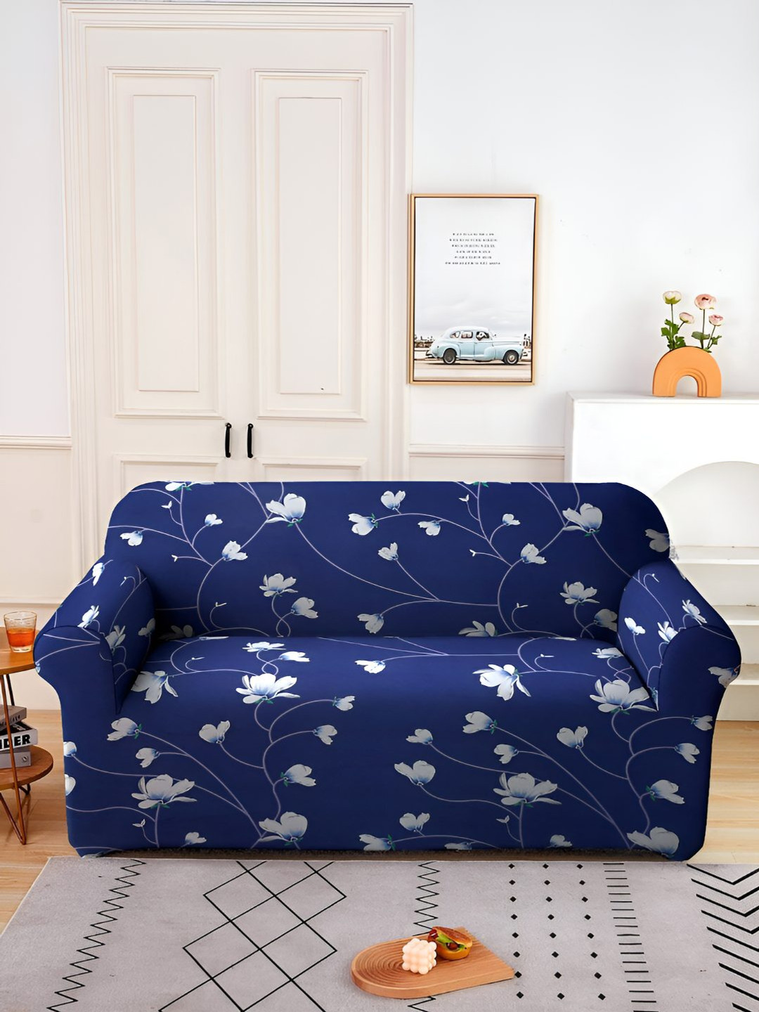 Stuff N' Fluff Navy Blue & White Floral Super-Stretchable 2-Seater Sofa Cover With Arms