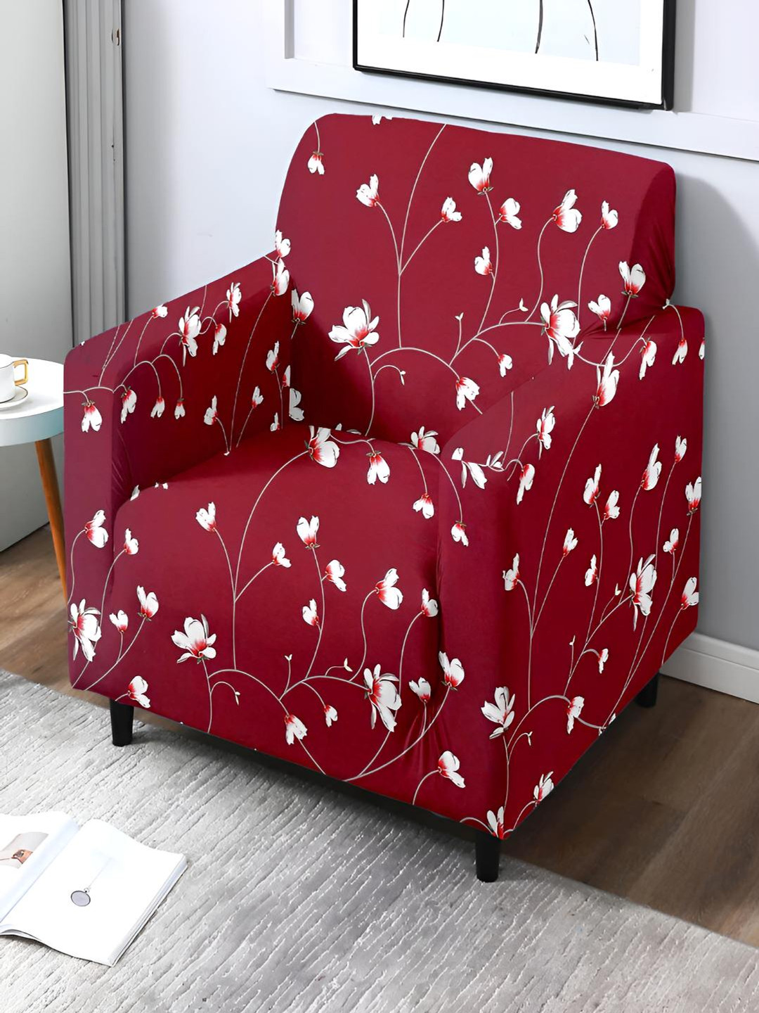 Stuff N' Fluff Maroon & White Floral Super-Stretchable 1-Seater Sofa Cover With Arms