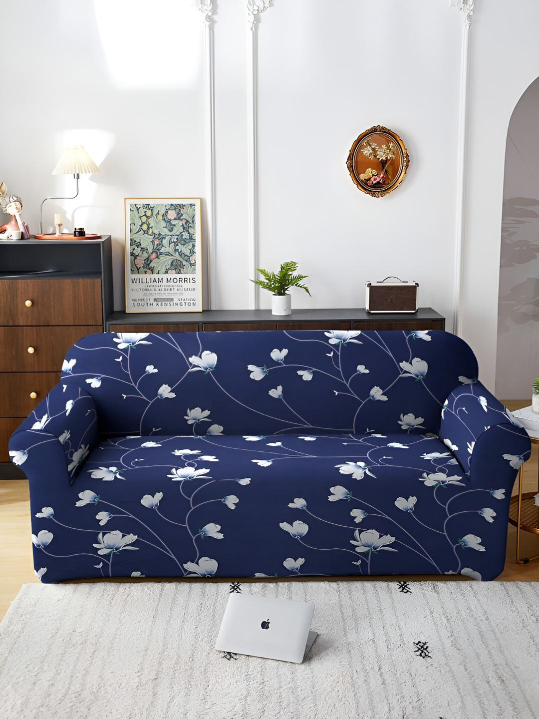 Stuff N' Fluff Navy Blue & White Floral Super-Stretchable 3-Seater Sofa Cover With Arms
