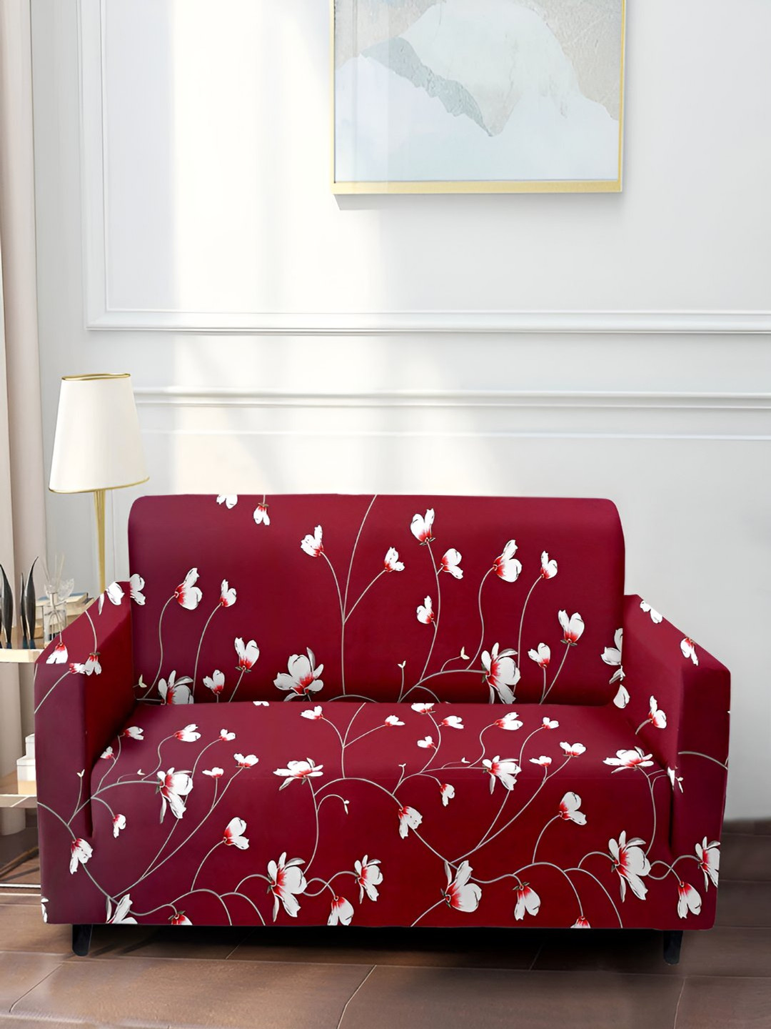 Stuff N' Fluff Maroon & White Floral Super-Stretchable 2-Seater Sofa Cover With Arms