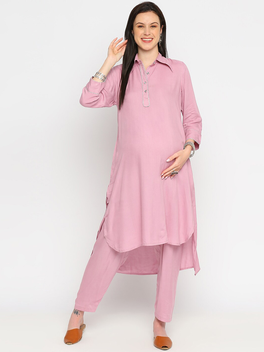 Mom For Sure by Ketki Dalal Shirt Collar Regular Gotta Patti Maternity Kurta with Salwar