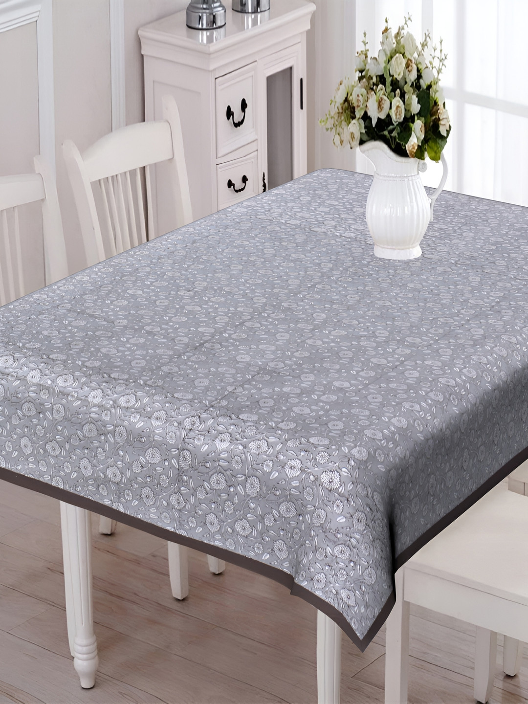 Texstylers Grey & White Floral 50.8 cm x 1.98 m Cotton Table Cover